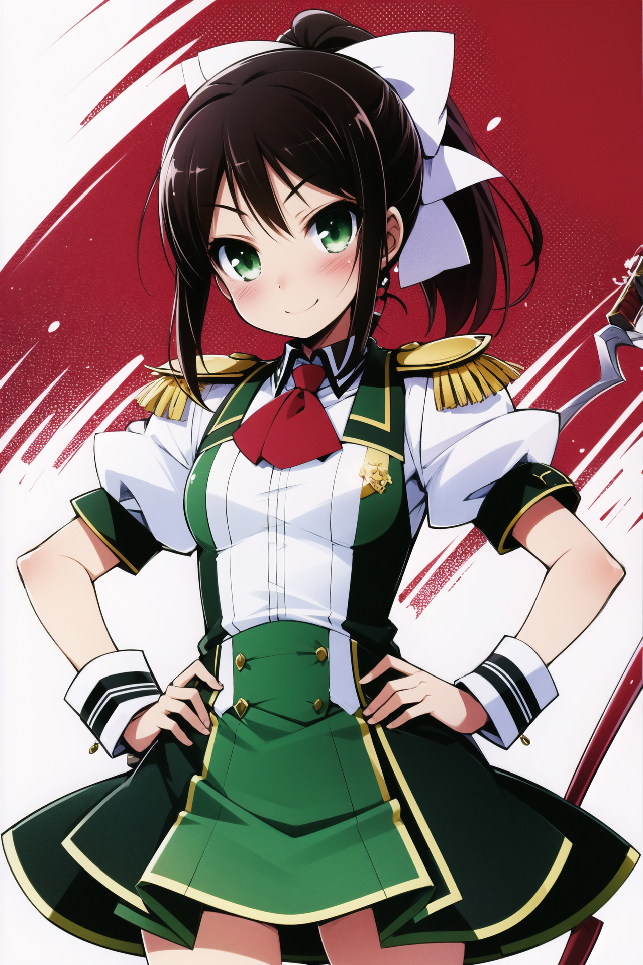 16078-3682221693-Shimada Minami, 1girl, rapier, solo, green eyes, sword, brown hair, weapon, ponytail, smile, hand on hip, blush, epaulettes, hai.png